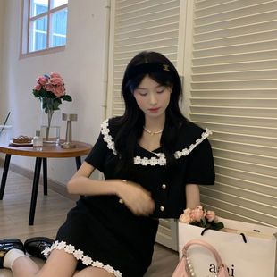 两件套装甜美辣妹夏季新款衬衫娃娃领短袖上衣女黑色A字半身裙子