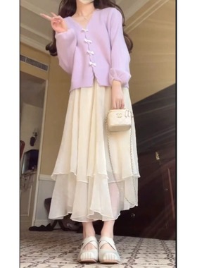 秋季紫色v领针织开衫女春季外搭薄款毛衣外套软糯温柔蝴蝶结上衣