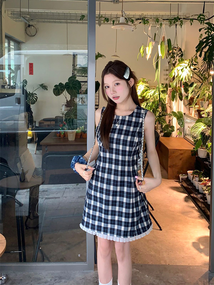 性感辣妹精致经典复古花边拼接格子连衣裙女夏季韩chic甜美背心裙