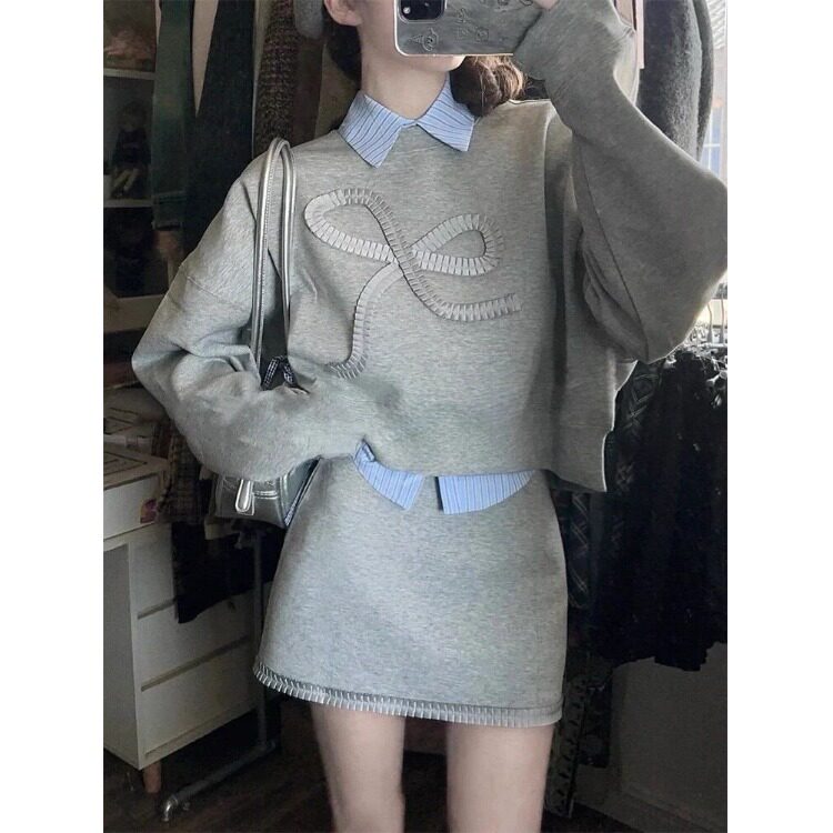 设计感叠穿短款长袖卫衣条纹衬衫花边半身裙女早秋新款时尚三件套