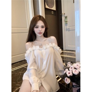 露肩立体花朵法式纯欲衬衣早秋新款宽松直筒修身气质显瘦衬衫上衣