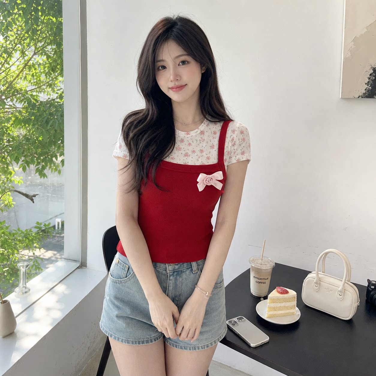 韩系碎花网纱细肩带蝴蝶结两件套