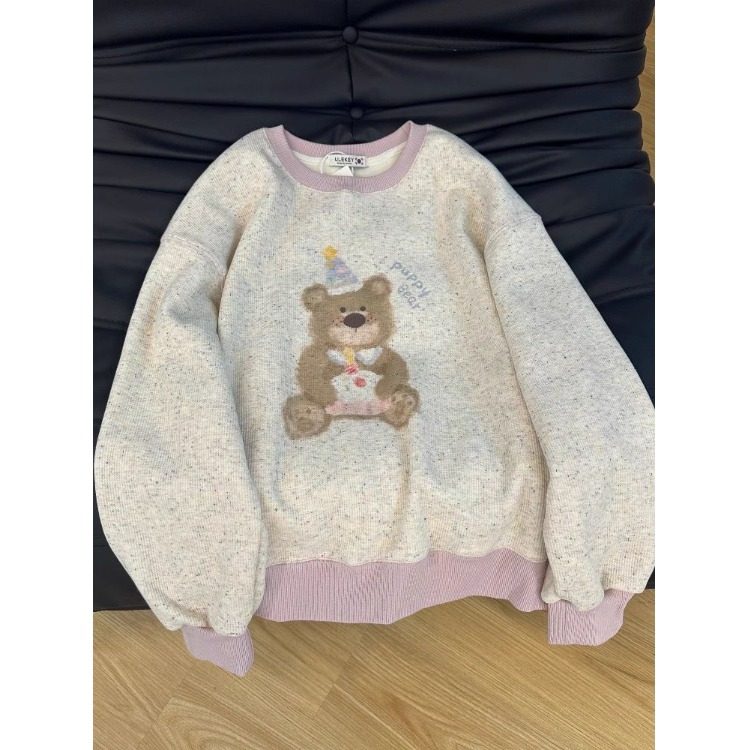 韩系彩点拼色圆领生日小熊加绒卫衣女秋冬新款潮可爱百搭减龄上衣