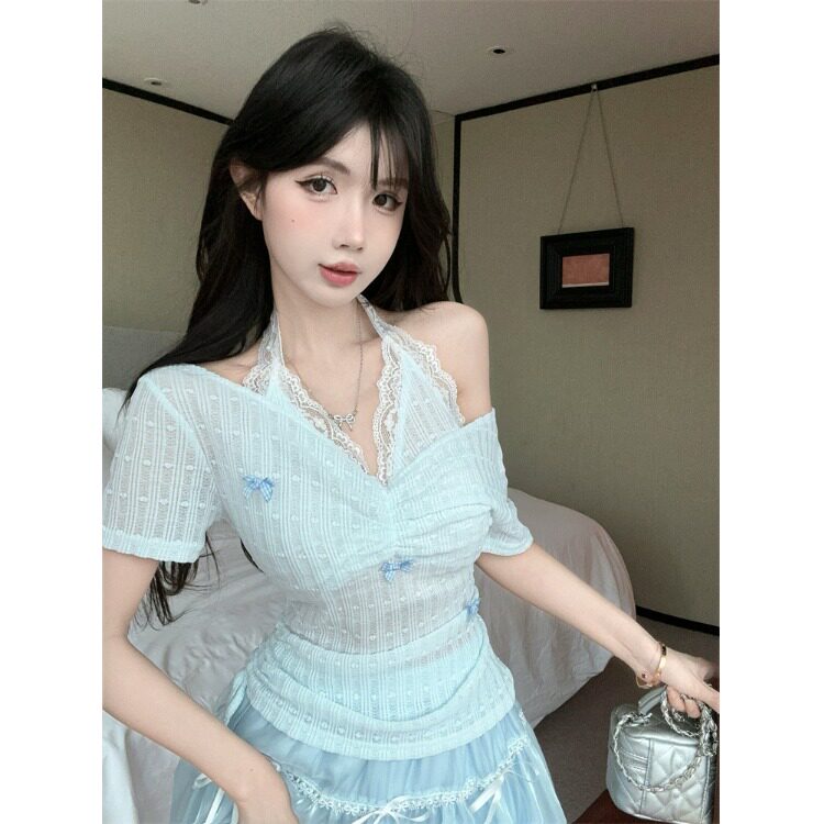 夏季辣妹V领蕾丝挂脖假两件T恤