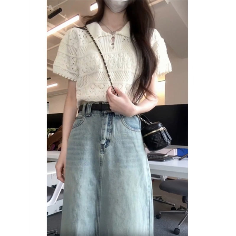 法式Polo领短袖镂空针织衫女2025早春新款小个子显瘦减龄洋气上衣