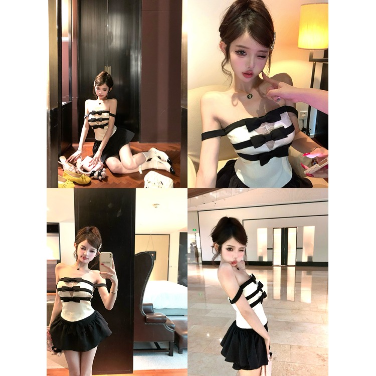 蕾丝蝴蝶结吊带背心女夏季纯欲辣妹一字肩抹胸小上衣泰式独特绝美