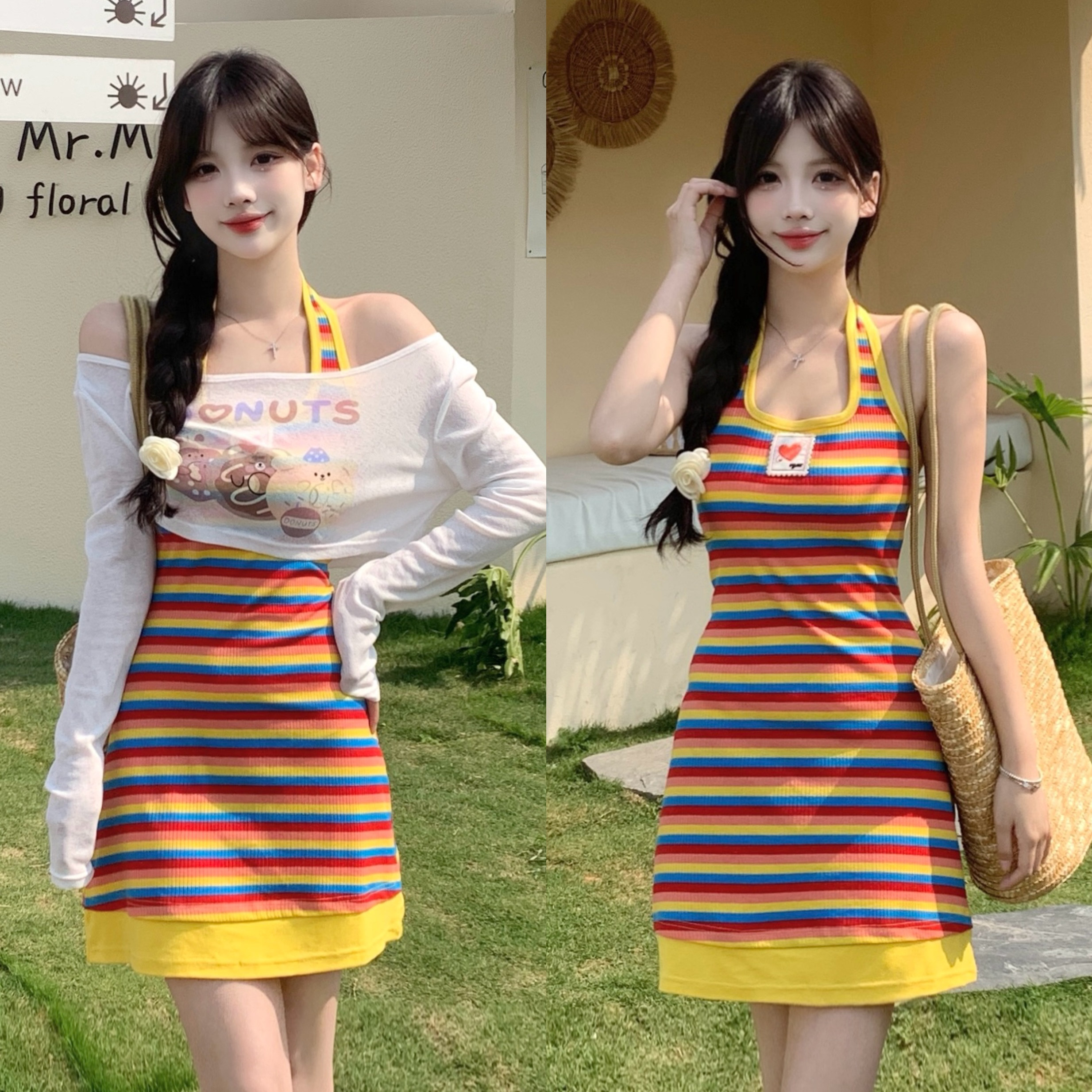 多巴胺穿搭一整套甜美时尚彩虹条纹针织挂脖连衣裙子短款防晒衫女