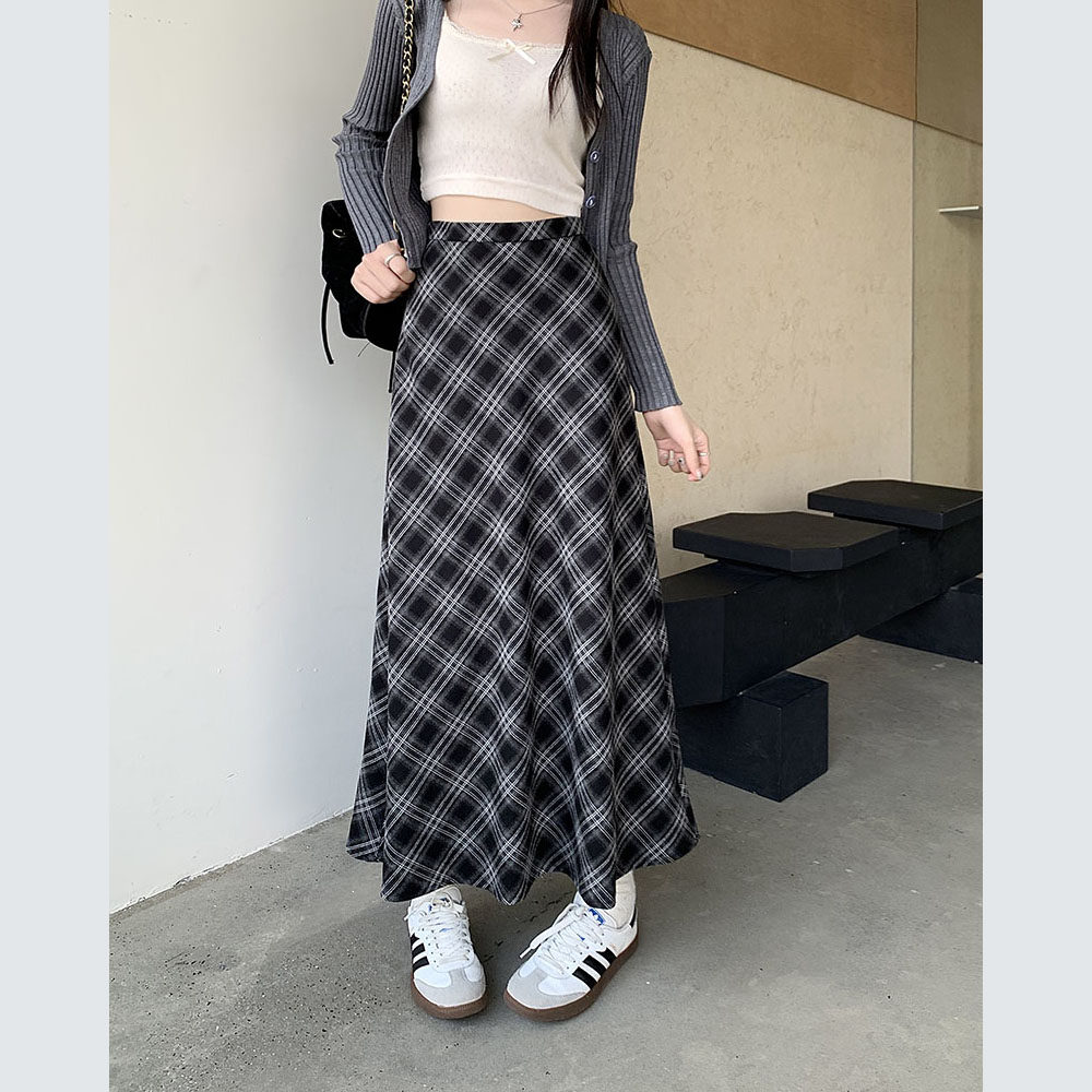 时尚复古格子格纹中长款半身裙秋冬高腰新款显瘦拉德设计百搭裙子