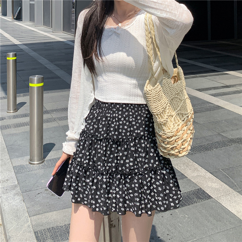 复古黑色小碎花蛋糕显瘦半身裙