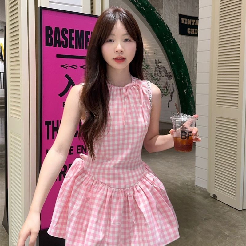 甜美小清新条纹格子圆领背心连衣裙夏季新款减龄收腰显瘦a字短裙