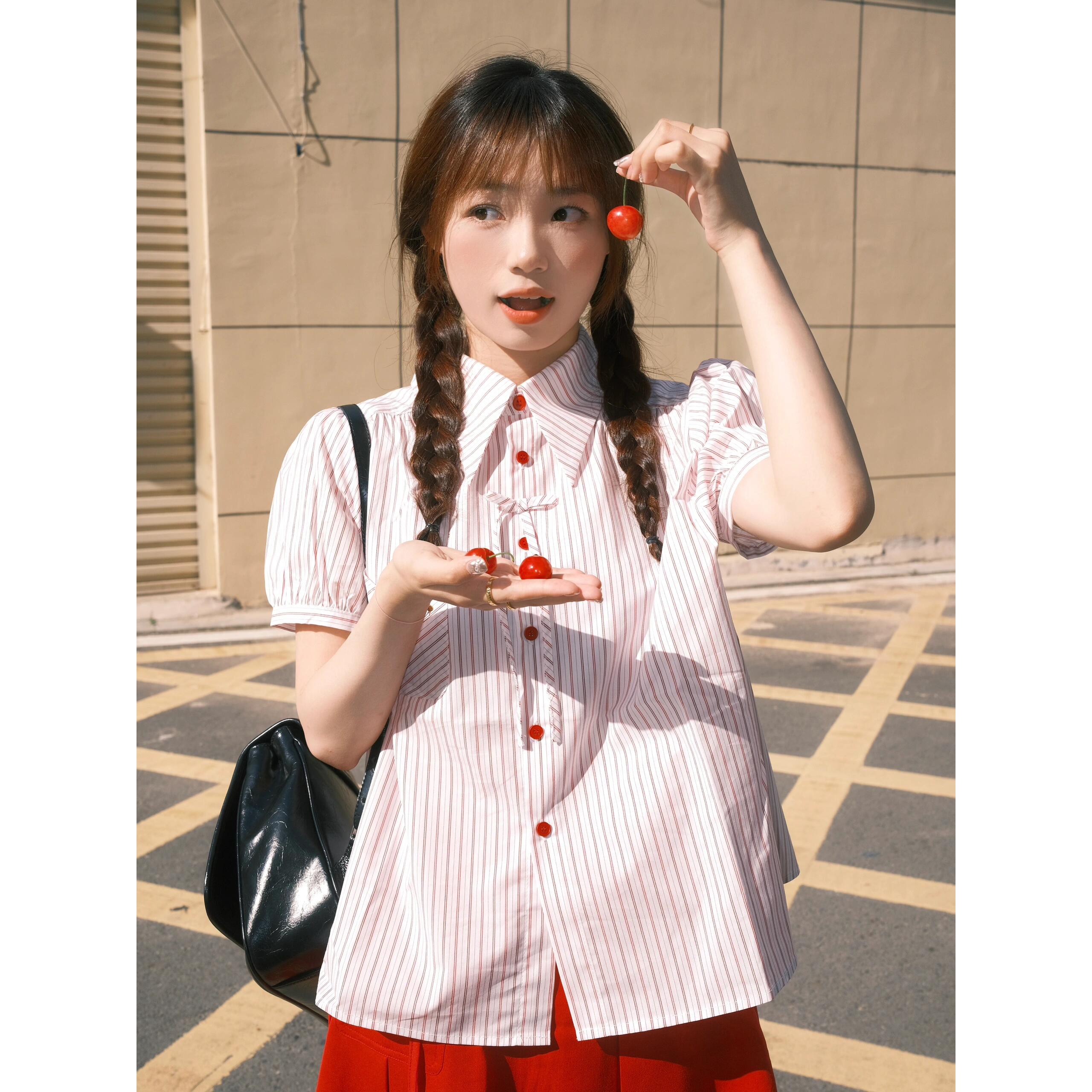 学院风条纹POLO领短袖衬衫女夏季新款红色高腰a字半身裙子两件套