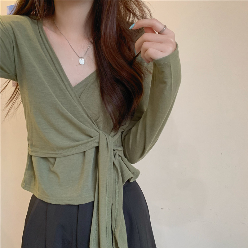 早秋季新款上衣女设计感小众V领绑带长袖T恤黑色漂亮别致短款小衫