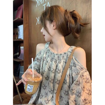 夏季法式露肩碎花雪纺衬衫