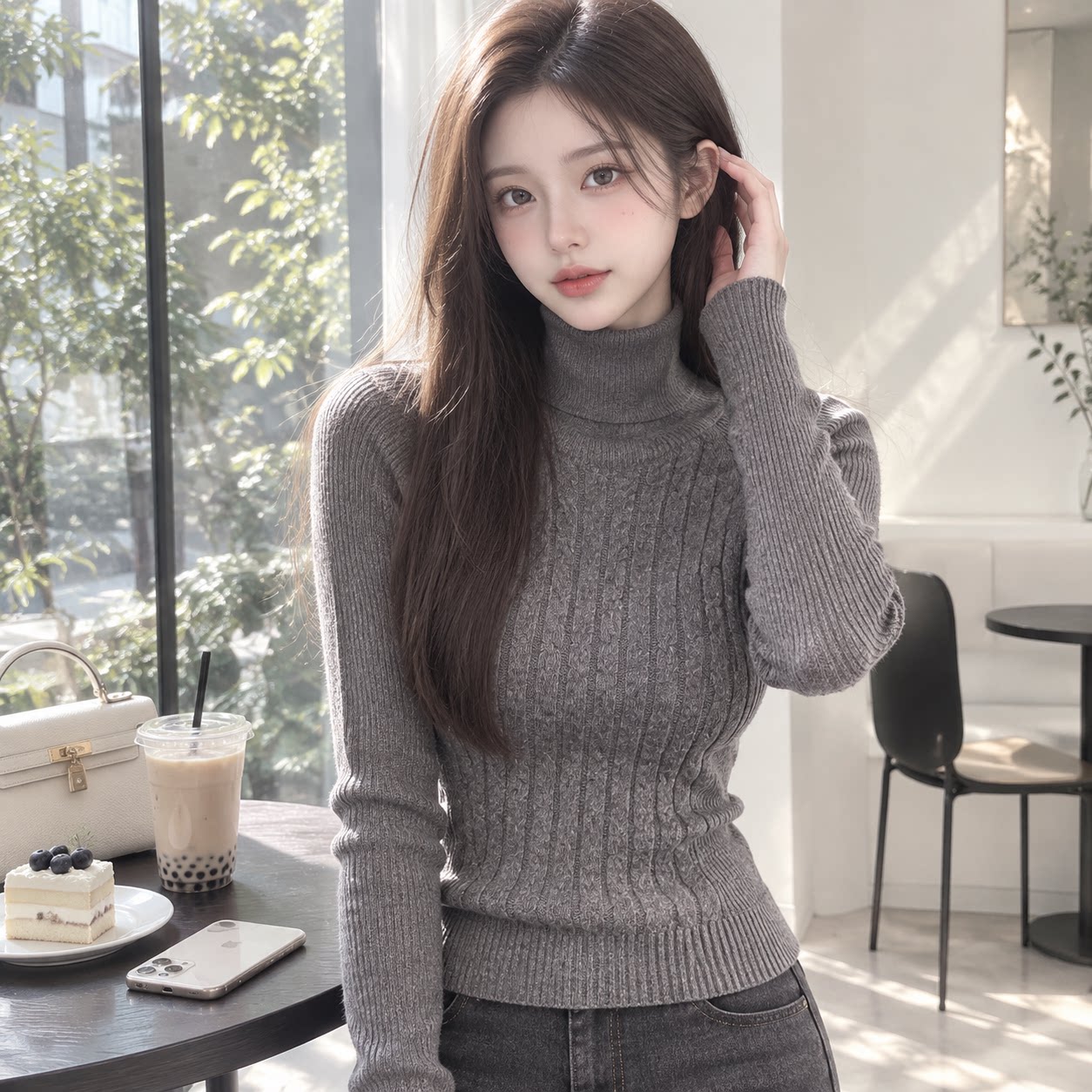 灰色高领修身短款针织打底女款