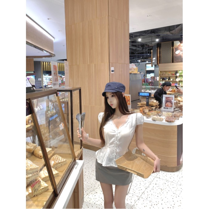 法式蕾丝花边衬衣女士短袖显瘦衬衫2025夏季小衫新款修身收腰上衣