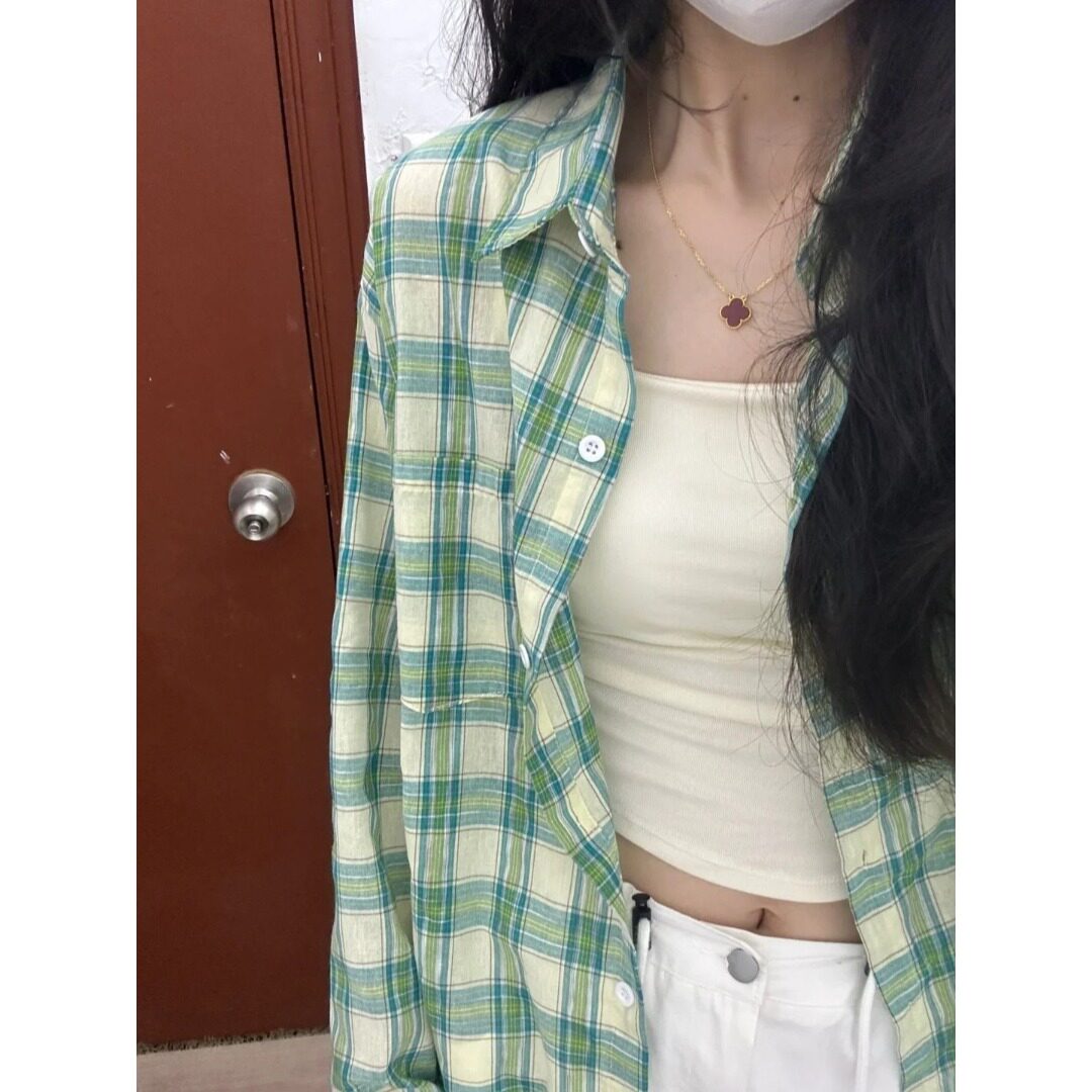 防晒格纹绿格子宽松长袖衬衫