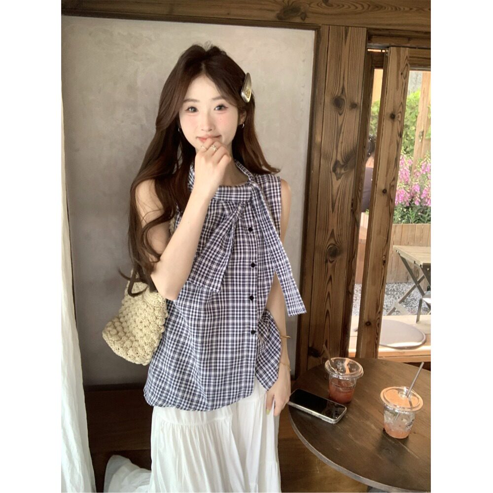 甜美风设计感撞色格纹无袖背心女装2025夏季小众别致chic上衣女