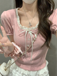 甜美木耳拼接泡泡袖 修身 法式 T恤女2024夏季 上衣 减龄灰色短袖 短款