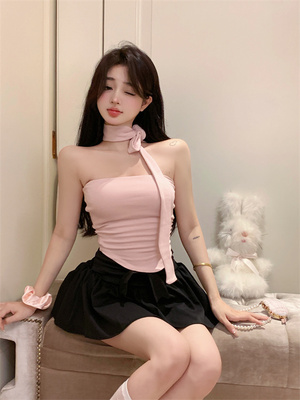 纯欲风粉色抹胸吊带背心2024夏季新款甜酷辣妹风不规则短上衣