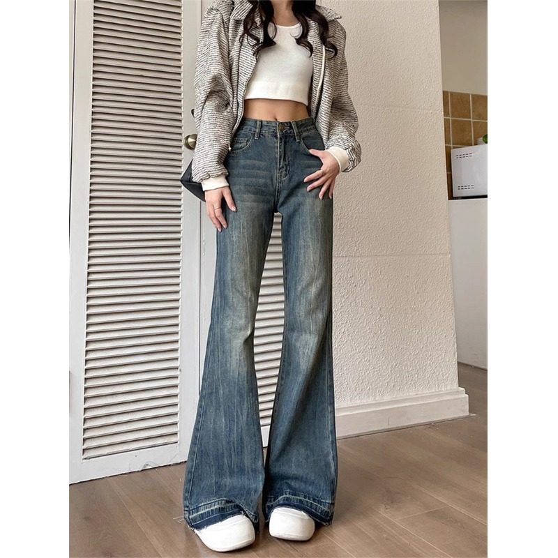 美式复古不贴腿微喇牛仔裤女秋季2026新款高腰拖地阔腿马蹄喇叭裤