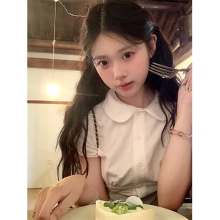 甜美白色娃娃衬衫可爱夏季设计感新款短袖修身衬衣短款收腰上衣女