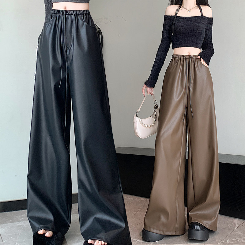 韩系纯色宽松高腰PU皮休闲裤女装秋季新款百搭气质显瘦阔腿长裤子