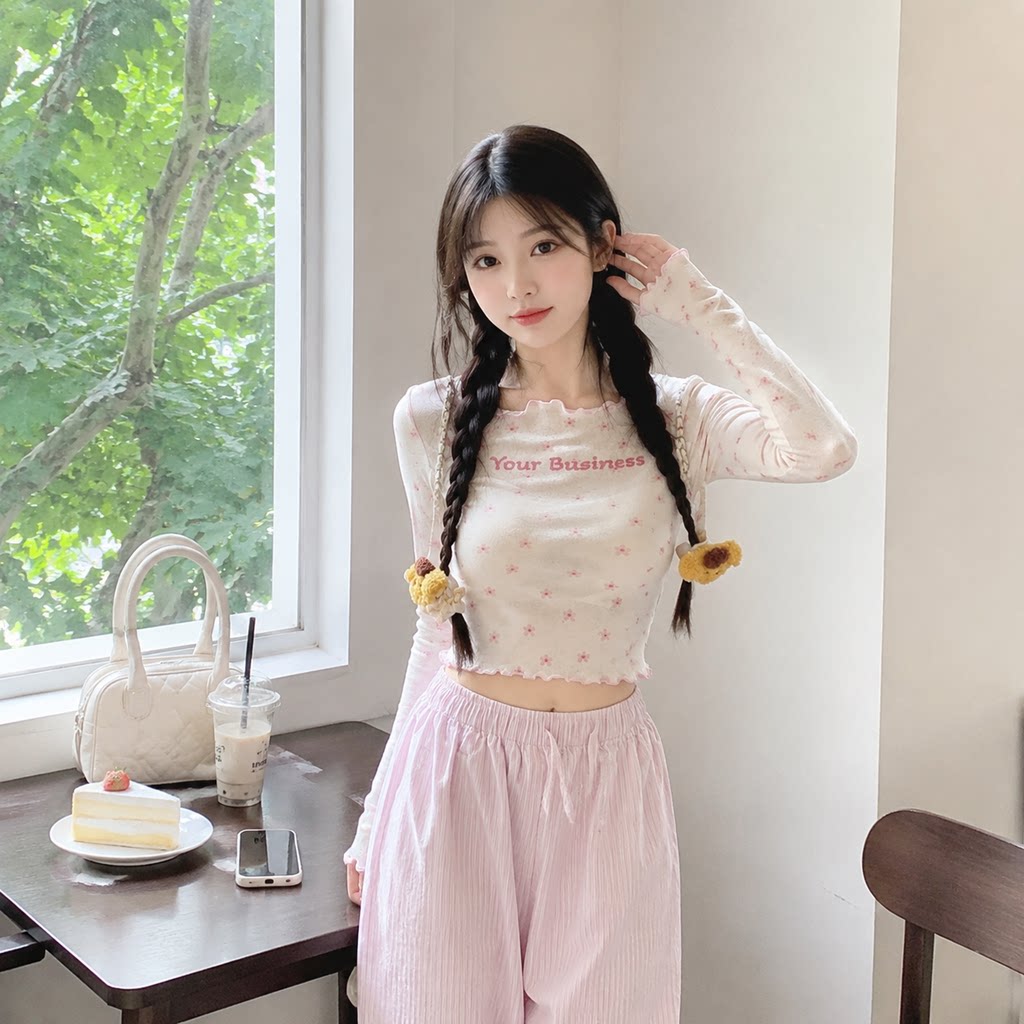 夏季甜辣显瘦长袖字母T恤女