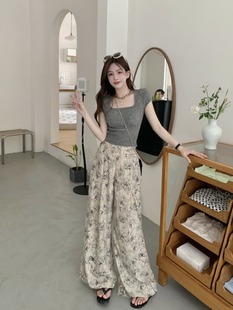 夏装甜酷盐系穿搭一整套出游炸街气质方领短袖高腰阔腿裤两件套装