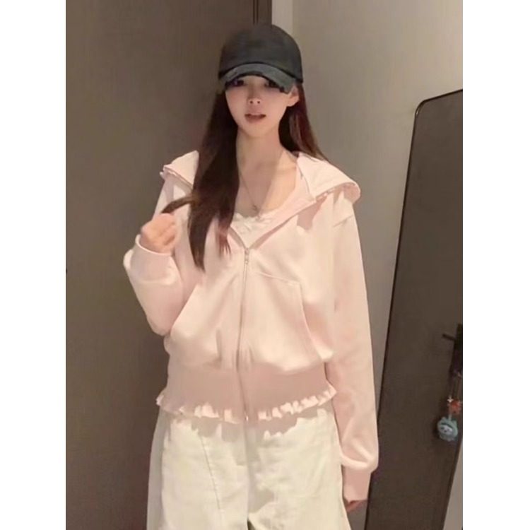 粉色连帽木耳边长袖上衣秋季新款宽松显瘦设计感拉链洋气百搭卫衣