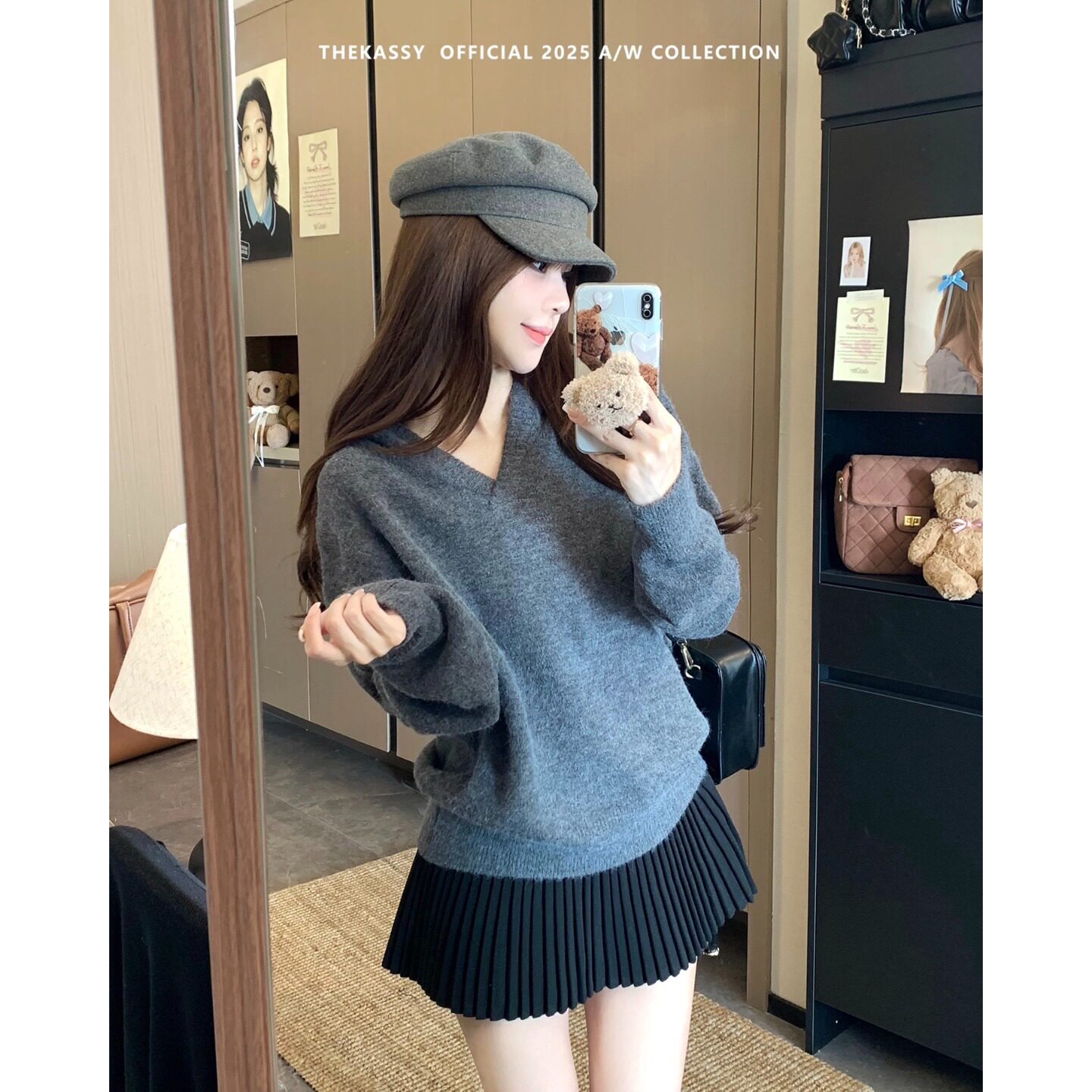 灰色V领毛衣女秋冬高级感慵懒风
