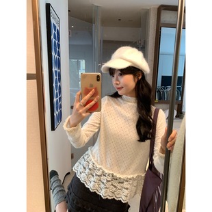 新款小个子设计感蕾丝花边半高领内搭针织衫女减龄打底衫