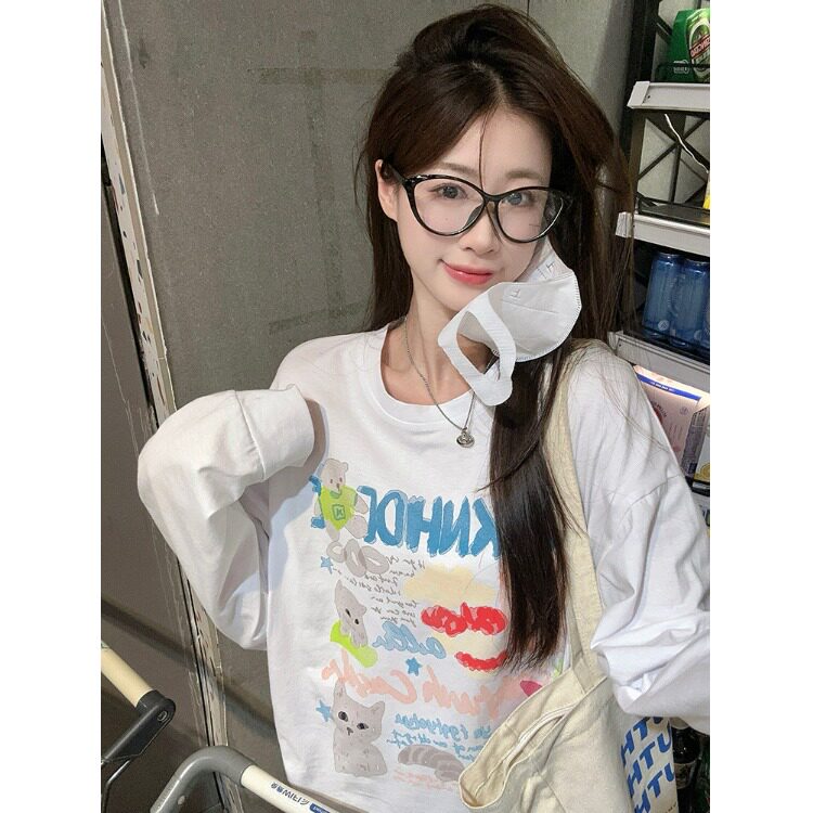 慵懒风卡通印花长袖t恤女春秋休闲宽松内搭白色打底衫休闲上衣
