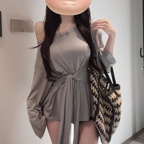 2025韩版慵懒风宽松显瘦松弛感大领口上衣小众斜肩系带掐腰T恤女