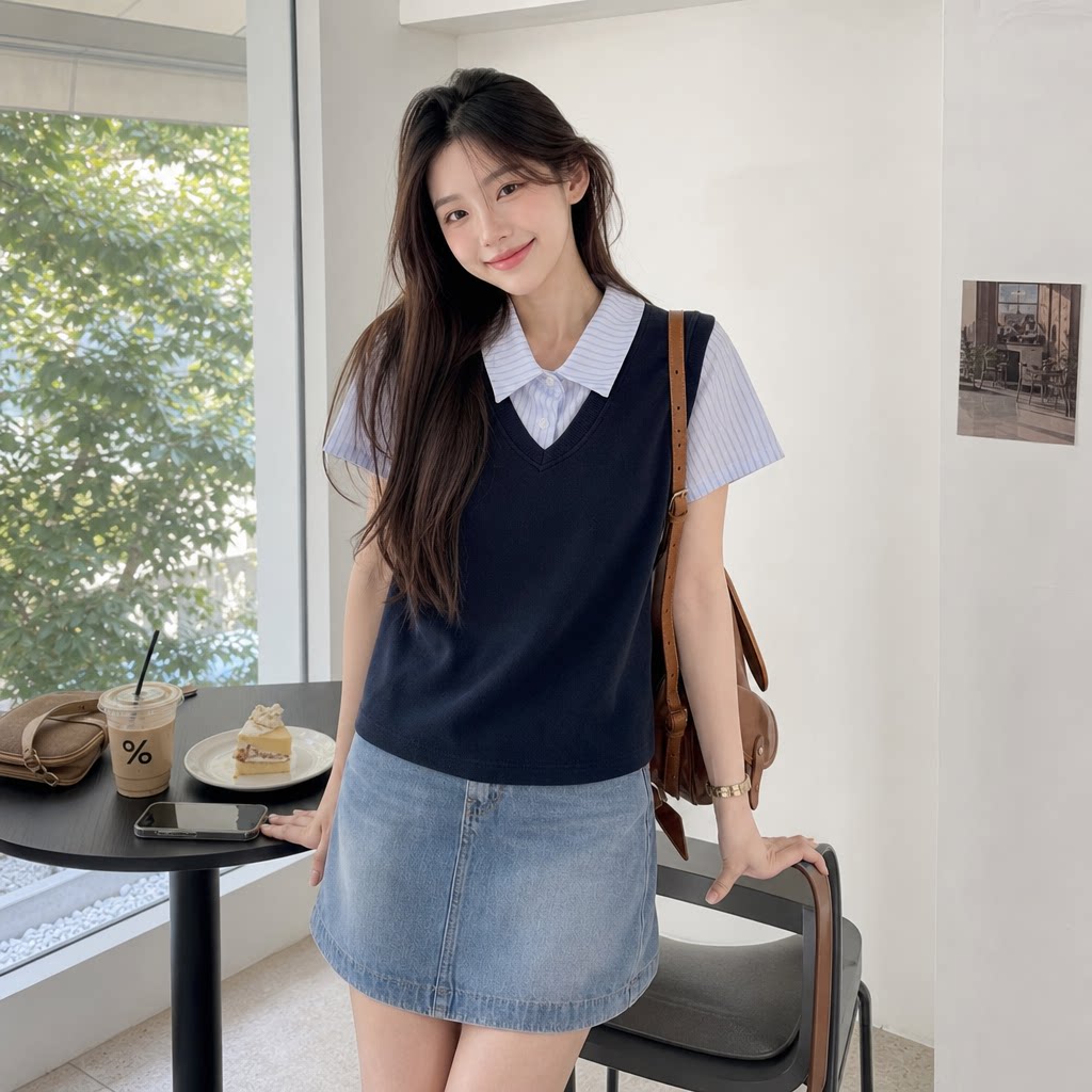 韩系假两件条纹收腰短袖T恤女
