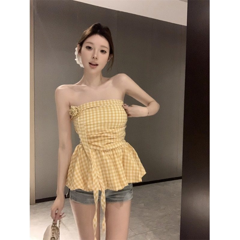 法式甜美减龄格子花苞抹胸女夏季新款修身裹胸小衫短款上衣