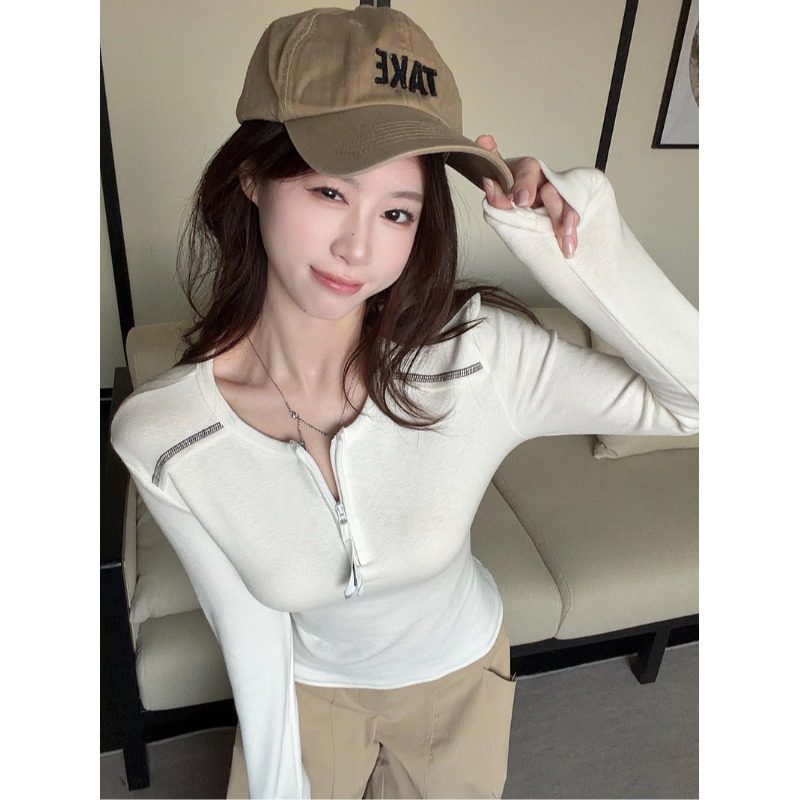 高级感拉链圆领长袖T恤女2026年春秋新款修身显瘦小个子内搭上衣