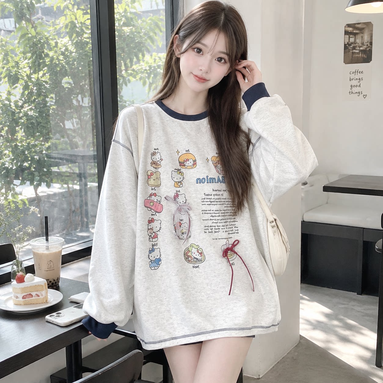 秋季韩版撞色蝴蝶结宽松卫衣女