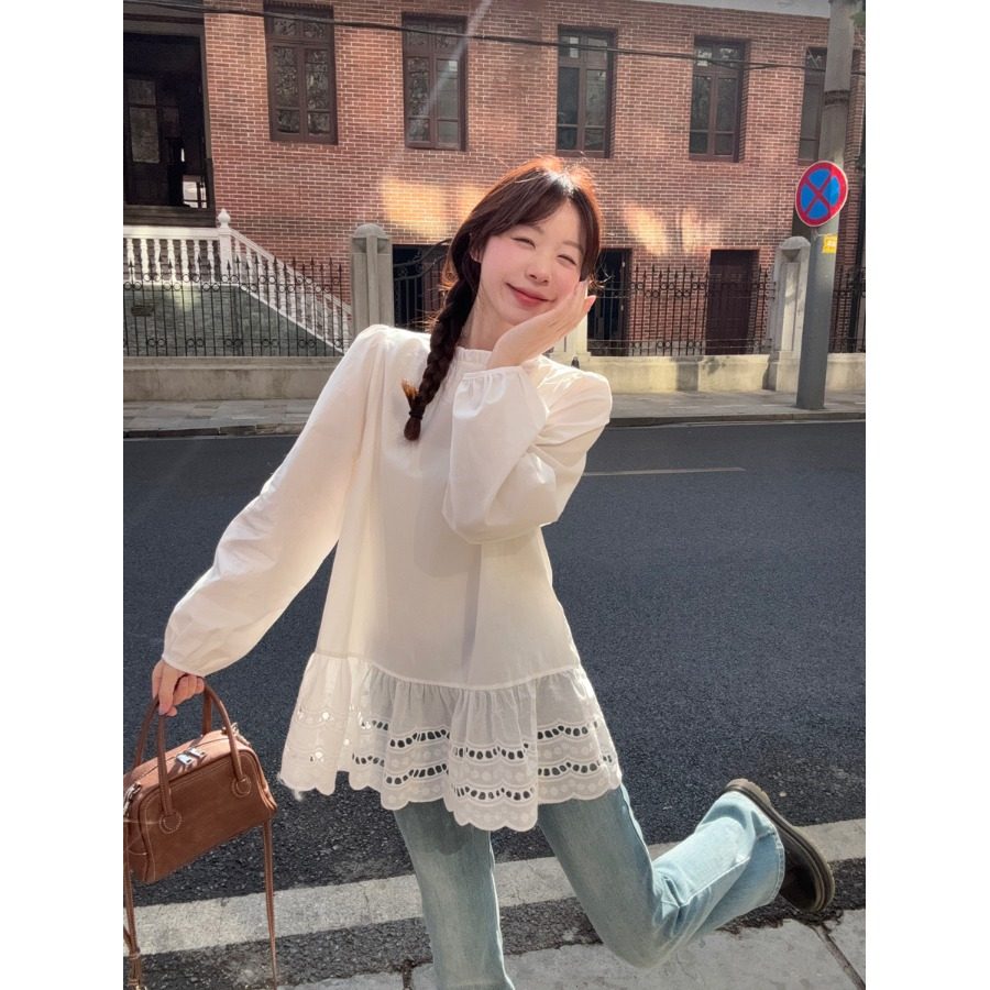韩系叠穿蕾丝边长袖衬衫