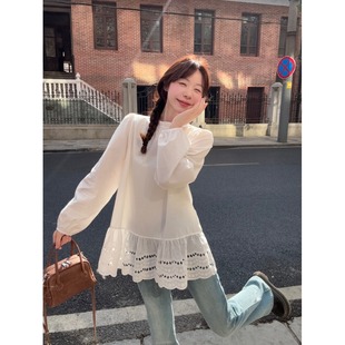 韩系叠穿2025秋季蕾丝边长袖衬衫女大码胖MM遮肚藏肉衬衣套头上衣