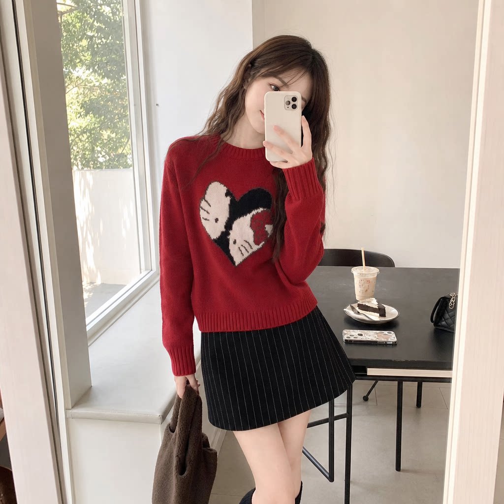 秋冬猫咪提花大码减龄内搭毛衣女