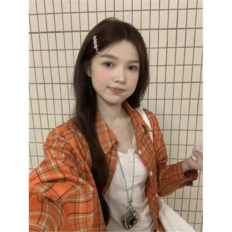 美式橙色格纹宽松情侣长袖衬衫