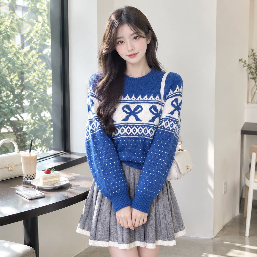 秋冬慵懒风蓝色蝴蝶结提花毛衣女