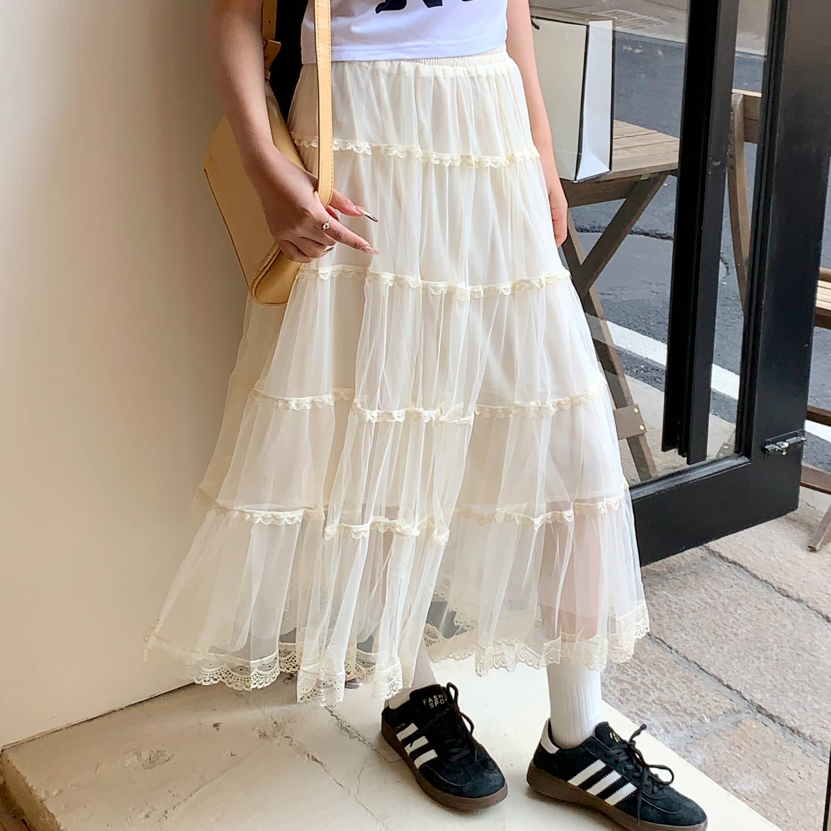 蕾丝网纱半身裙女2025春夏新款高腰中长款仙女纱裙遮胯大摆a字裙
