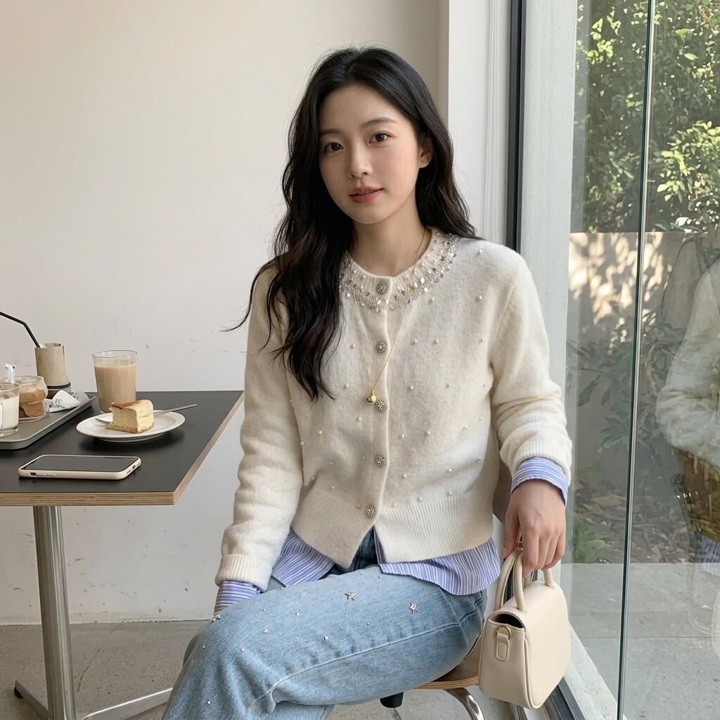 韩系减龄短款珍珠针织开衫女