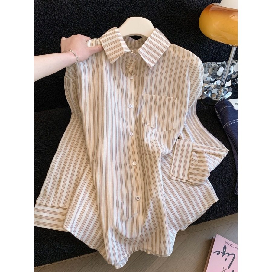 衬衫女春秋季复古条纹长袖外穿打底衫百搭小个子宽松叠穿显瘦衬衣