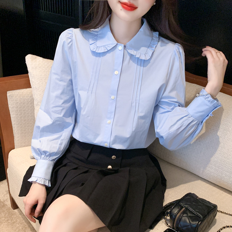 娃娃领蓝色长袖衬衫女士早春秋季2024年新款法式复古上衣内搭衬衣