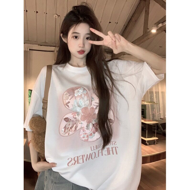 纯棉粉色花朵印花oversizeT恤