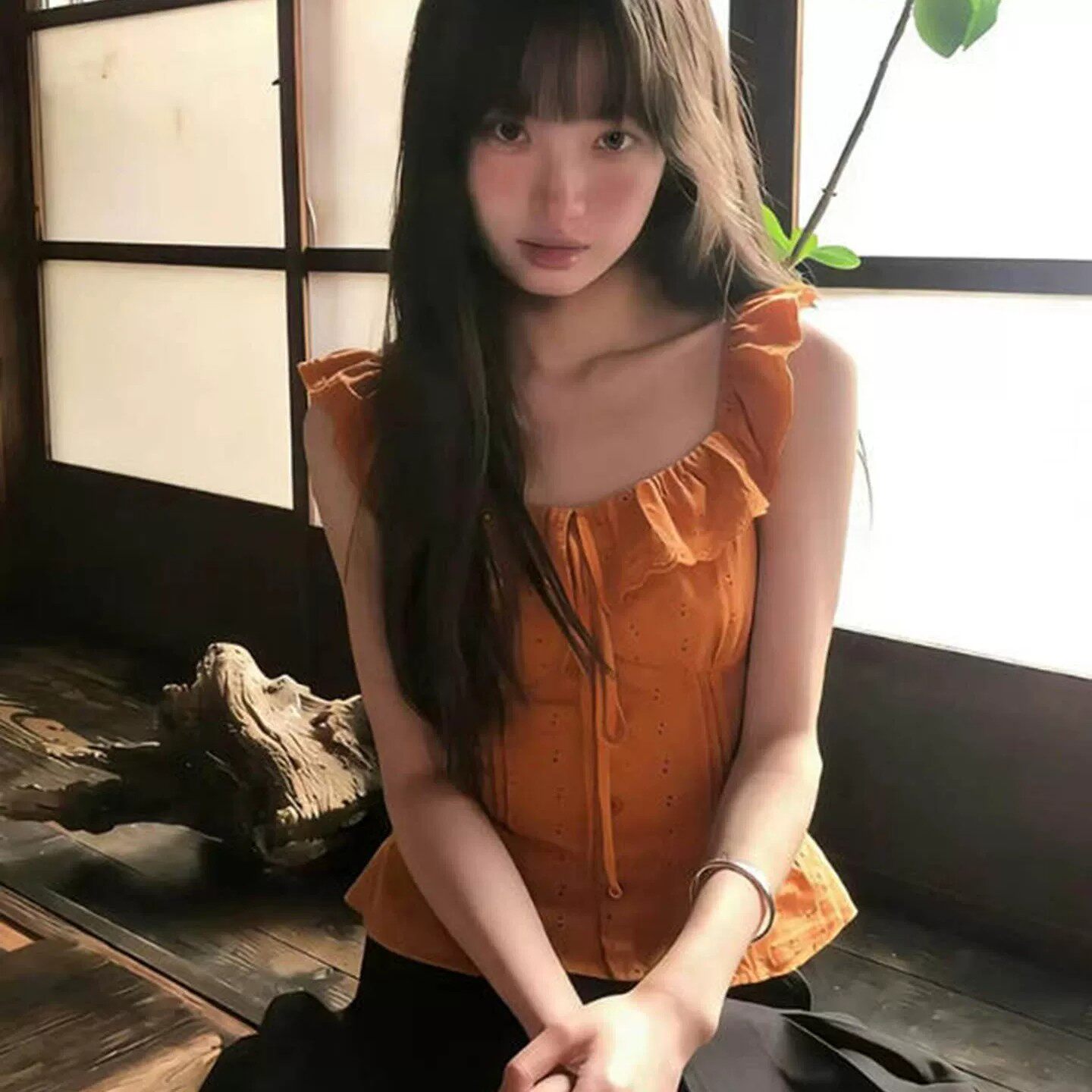 法式多巴胺橘色小飞袖显瘦衬衫