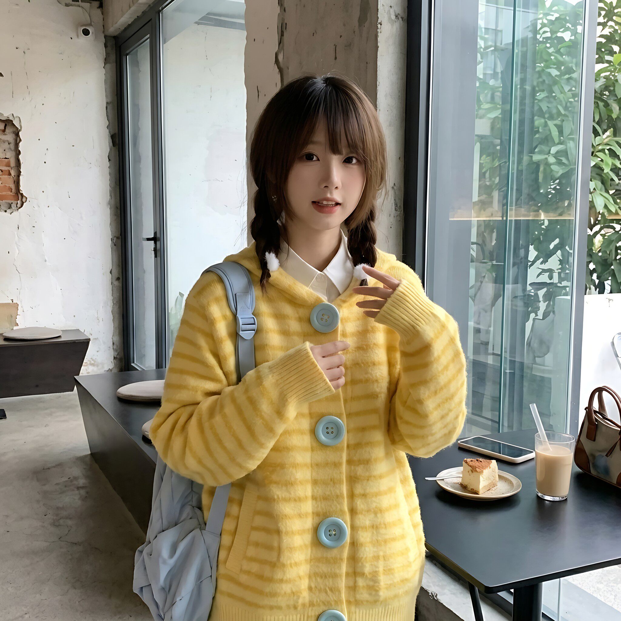 美式条纹连帽大纽扣星星撞色开衫