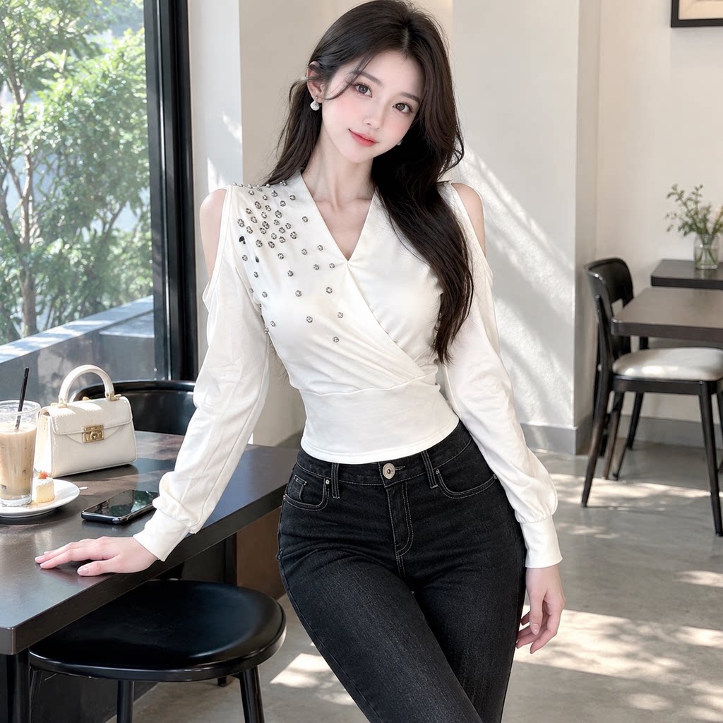名媛风烫钻挂脖加绒长袖T恤女